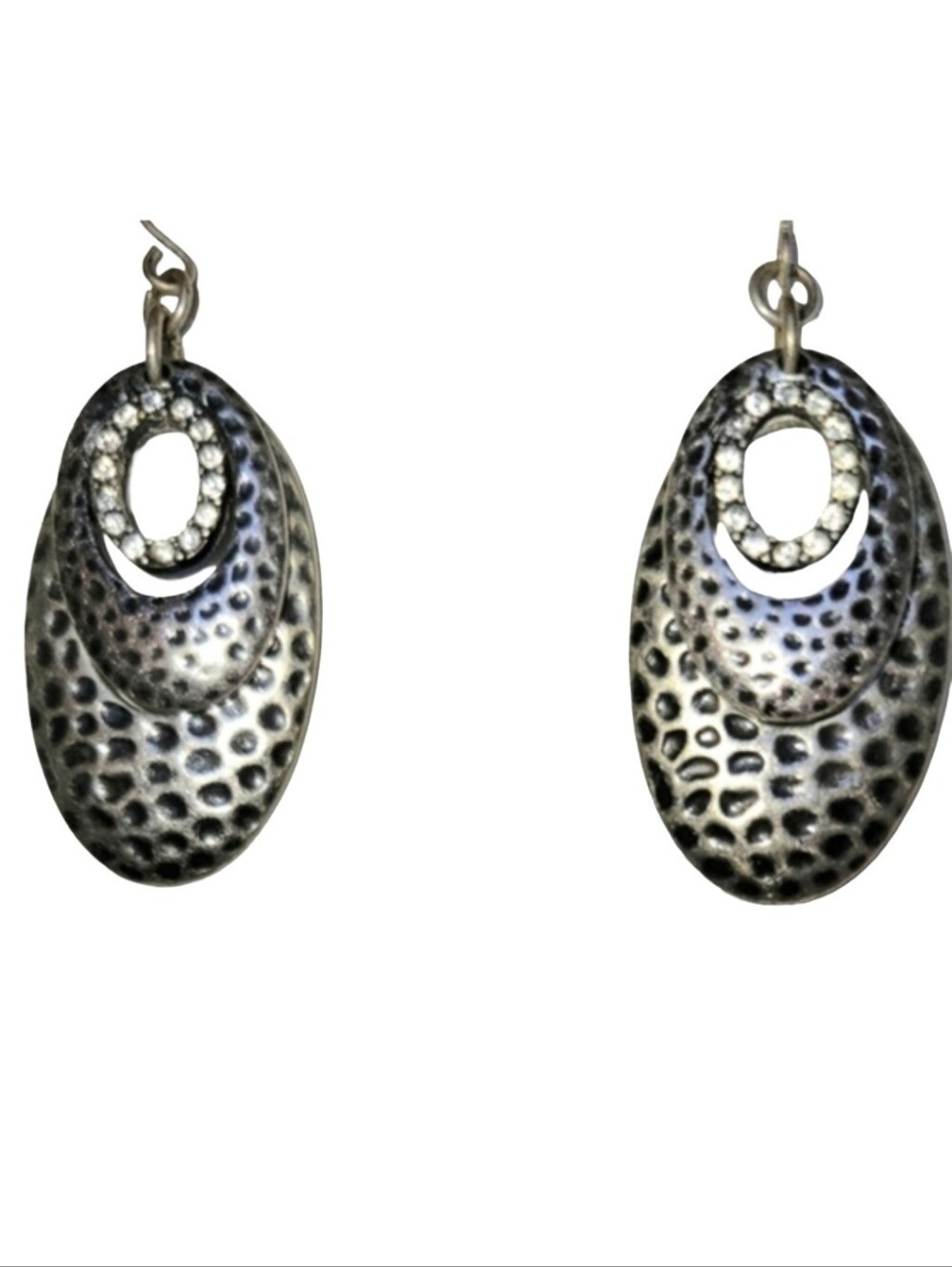 Hammered Metal Oval Drop Earrings With Crystal Embellished Center Oval Bohochic
